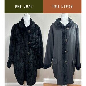 Woman Within Faux Fur Midi Coat Black Reversible Canvas 1X Mob Wife Glam Money